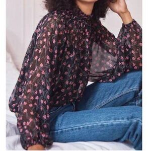 Elizabeth And James High-Neck Smocked Sheer Floral Blouse S